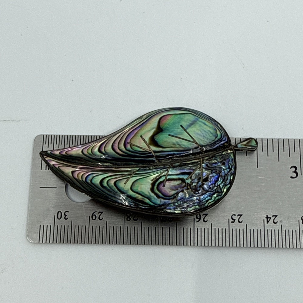 Vintage ASM Mexico Cuernavaca Leaf Abalone Shell Inlay Sterling Silver Brooch - Picture 5 of 6